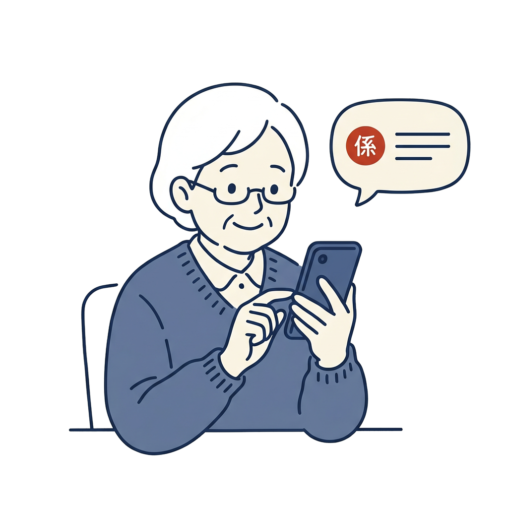スマートフォンを持つ親御さんに、スマホ係がLINEのトークでやさしく答えるイラスト